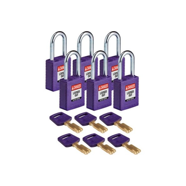 Brady NYL-PRP-38ST-KA6PK Brady SafeKey Lockout Padlock Nylon 1.5" Steel Shackle Keyed Alike NYL-PRP-38ST-KA6PK - main